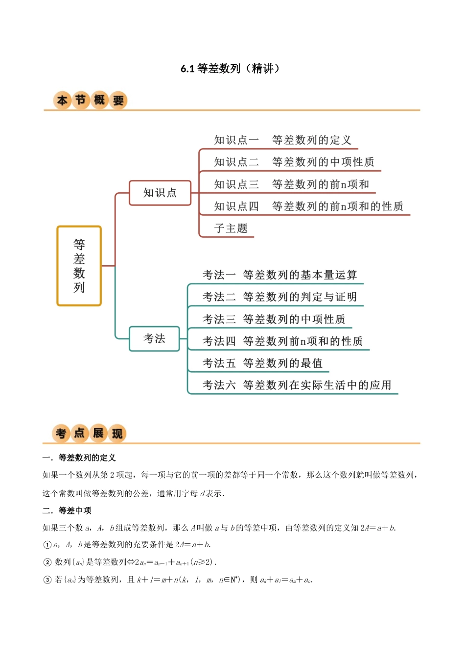 6.1 等差数列（精讲）（教师版）.docx_第1页