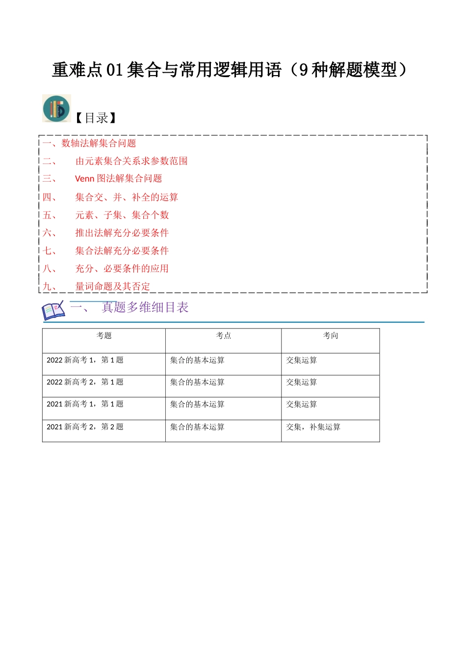 重难点01集合与常用逻辑用语（9种解题模型）（原卷版）.docx_第1页