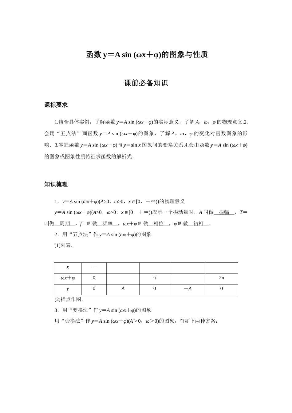 高考数学  一轮复习讲义 -  函数y＝A sin (ωx＋φ)的图象与性质.docx_第1页