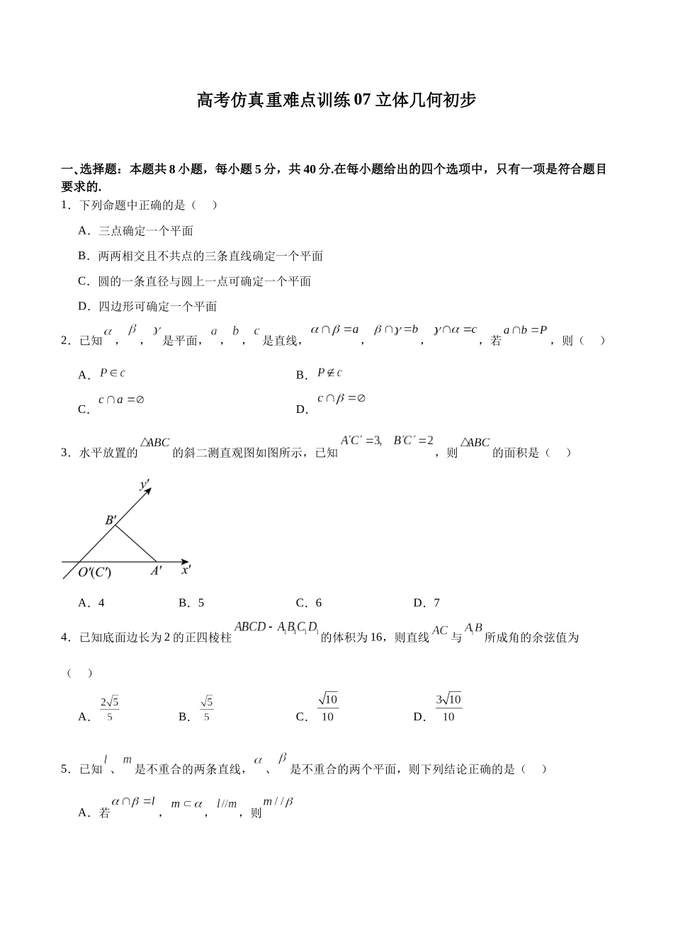 高考仿真重难点训练07  立体几何初步（学生版）.docx_第1页