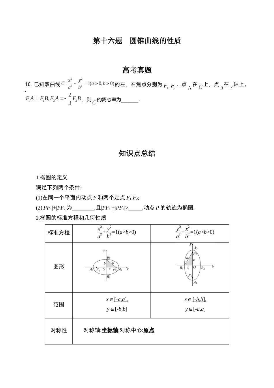 第十六题 圆锥曲线的性质(原卷版).docx_第1页