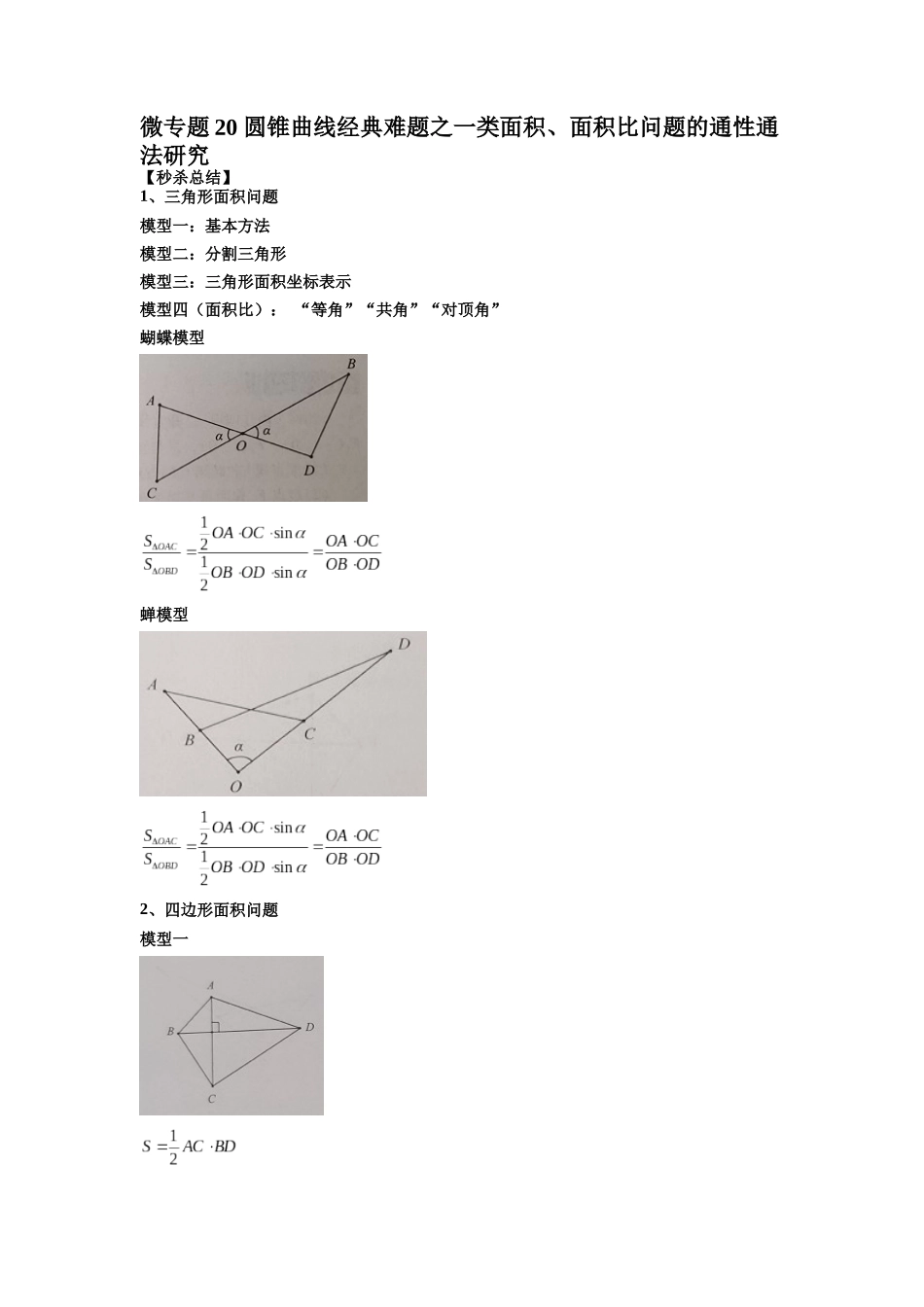 微专题20 圆锥曲线经典难题之一类面积、面积比问题的通性通法研究(解析版).docx_第1页
