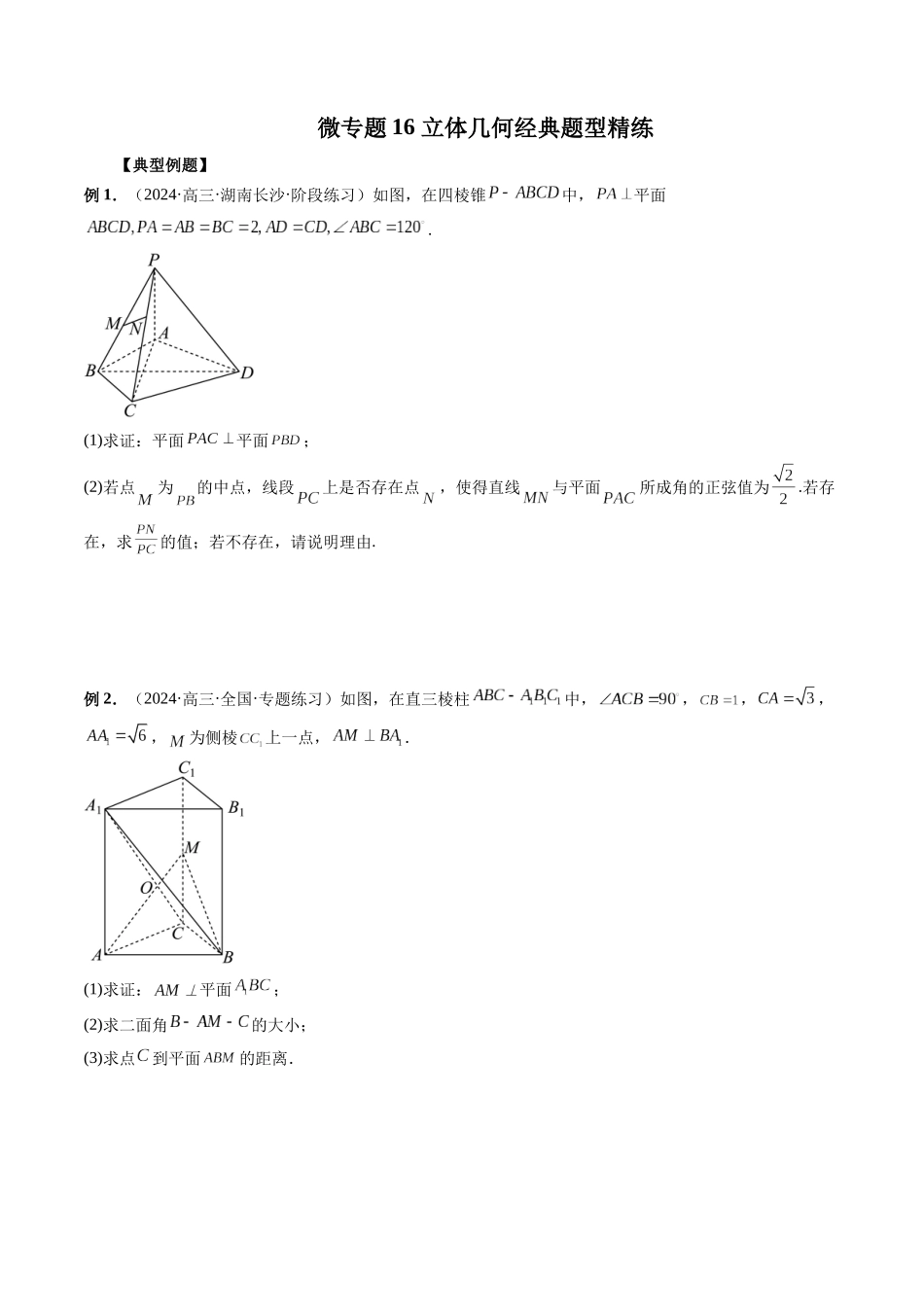 微专题16 立体几何经典题型精练  （原卷版）.docx_第1页