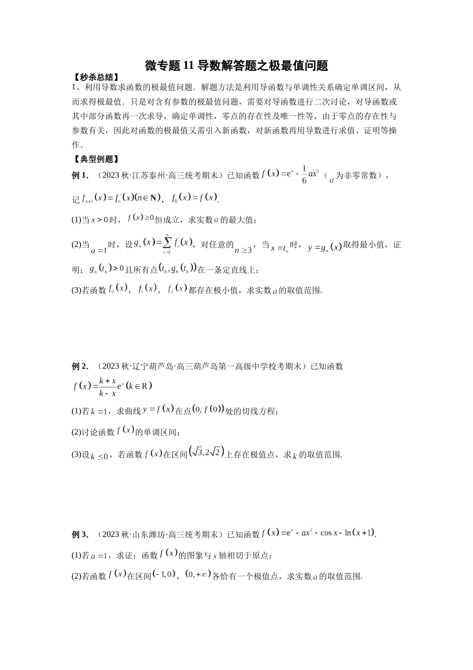 微专题11 导数解答题之极最值问题(原卷版).docx_第1页