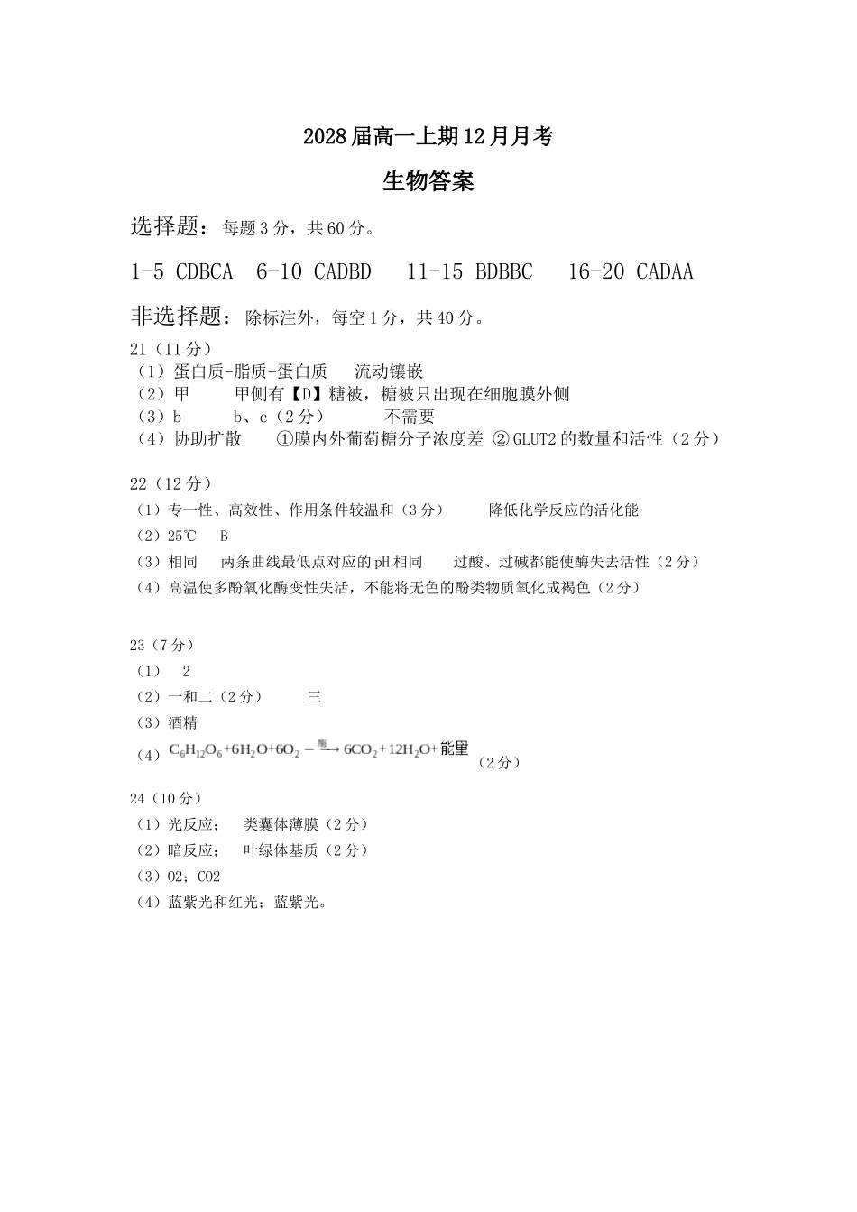 2028届高一上期12月月考生物答案.docx_第1页