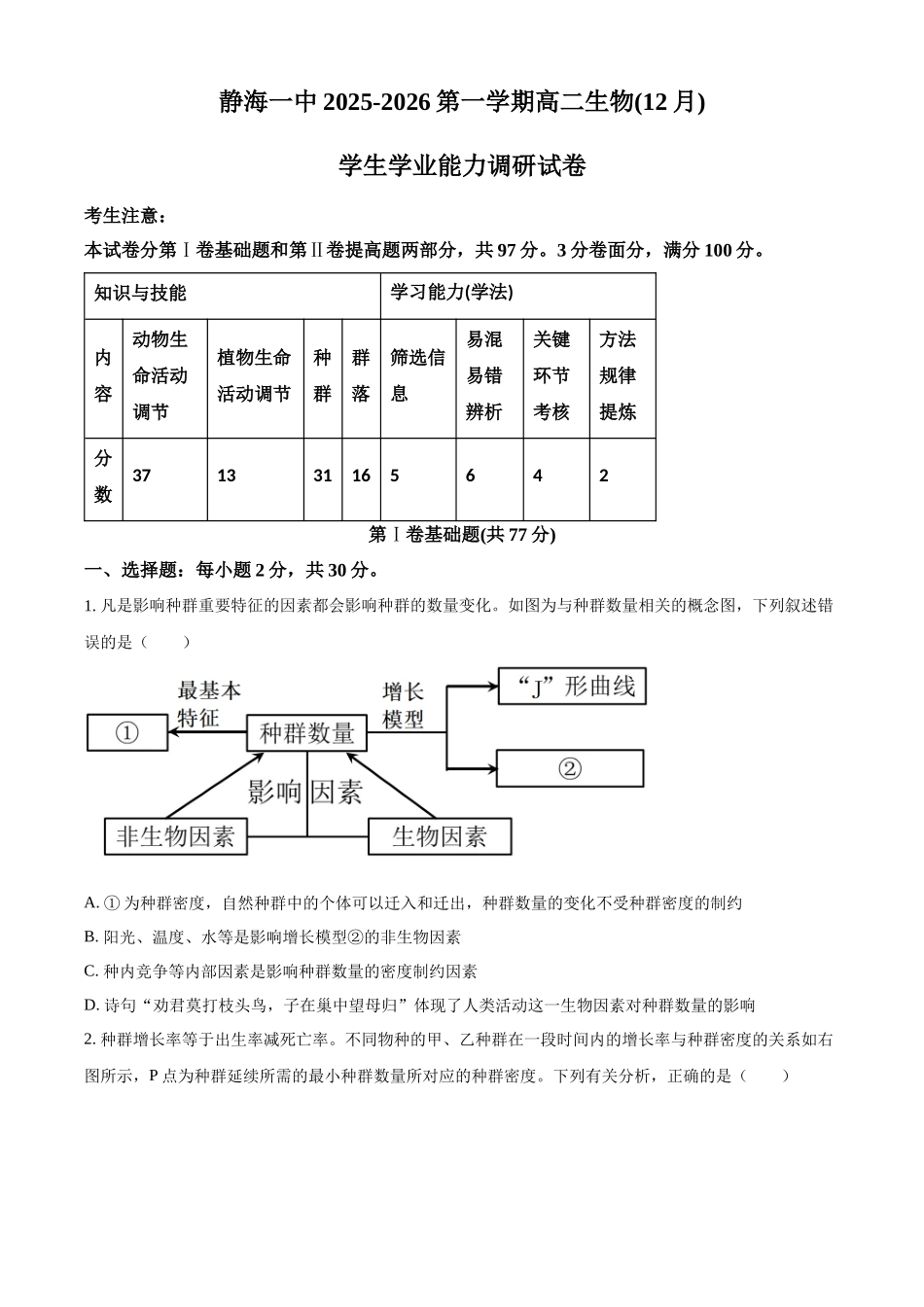 天津市静海区第一中学2025-2026学年高二上学期12月月考生物试题（原卷版）.docx_第1页