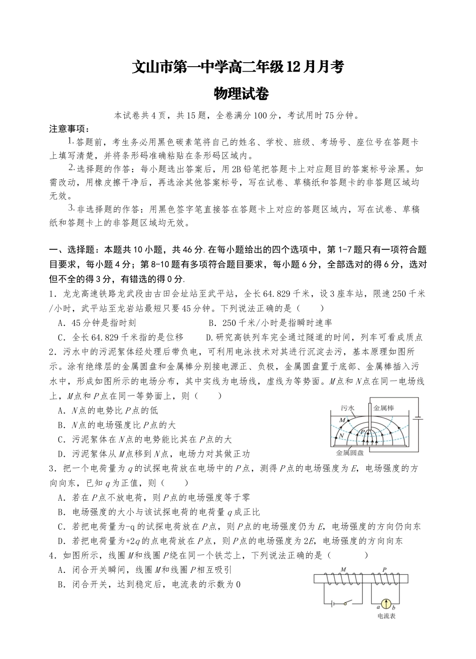 文山市第一中学高二年级12月月考高二年级12月月考物理试卷学生用卷.docx_第1页