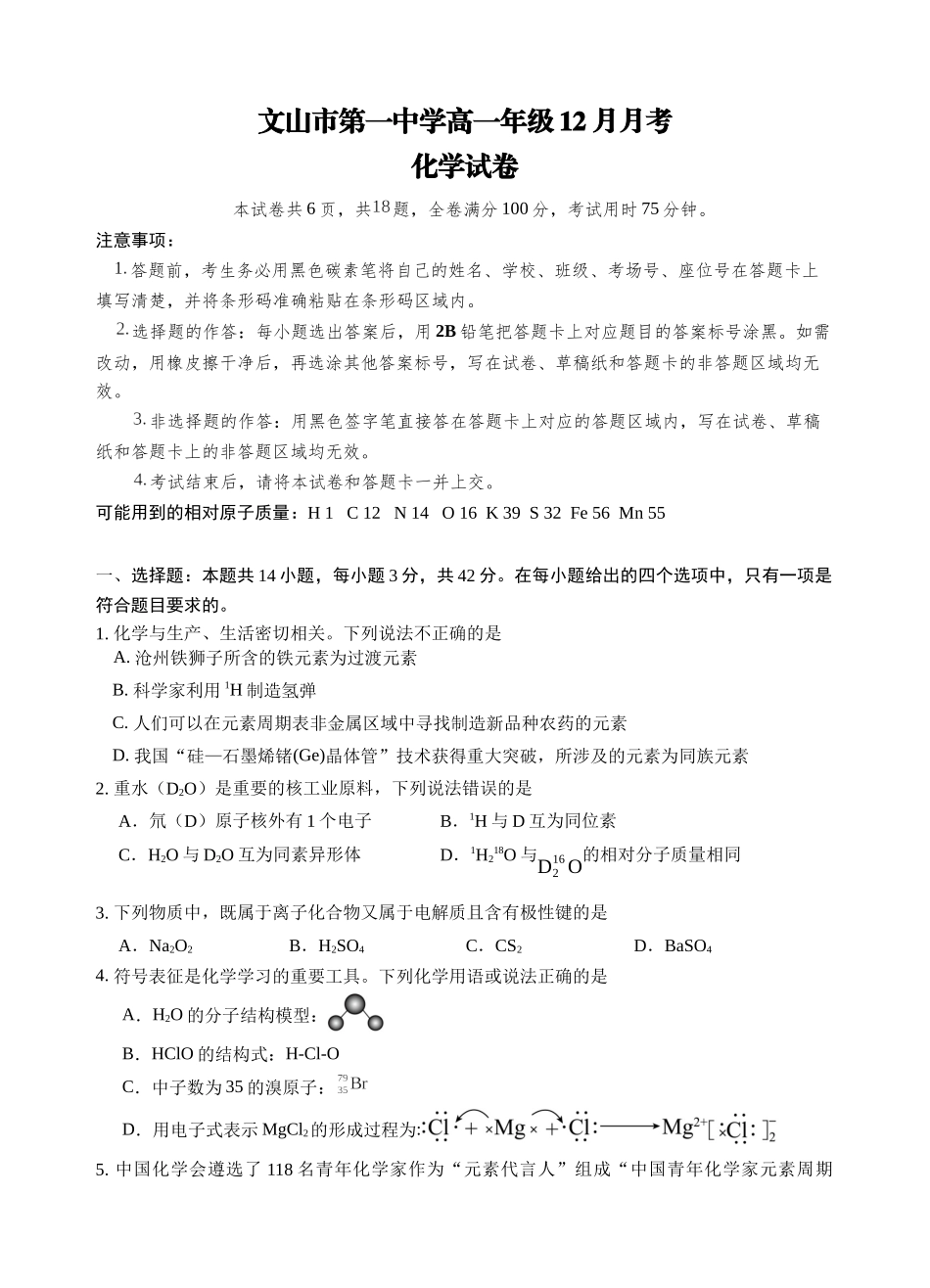 文山市第一中学高一年级12月月考 高一化学12月月考（试卷）定稿.docx_第1页