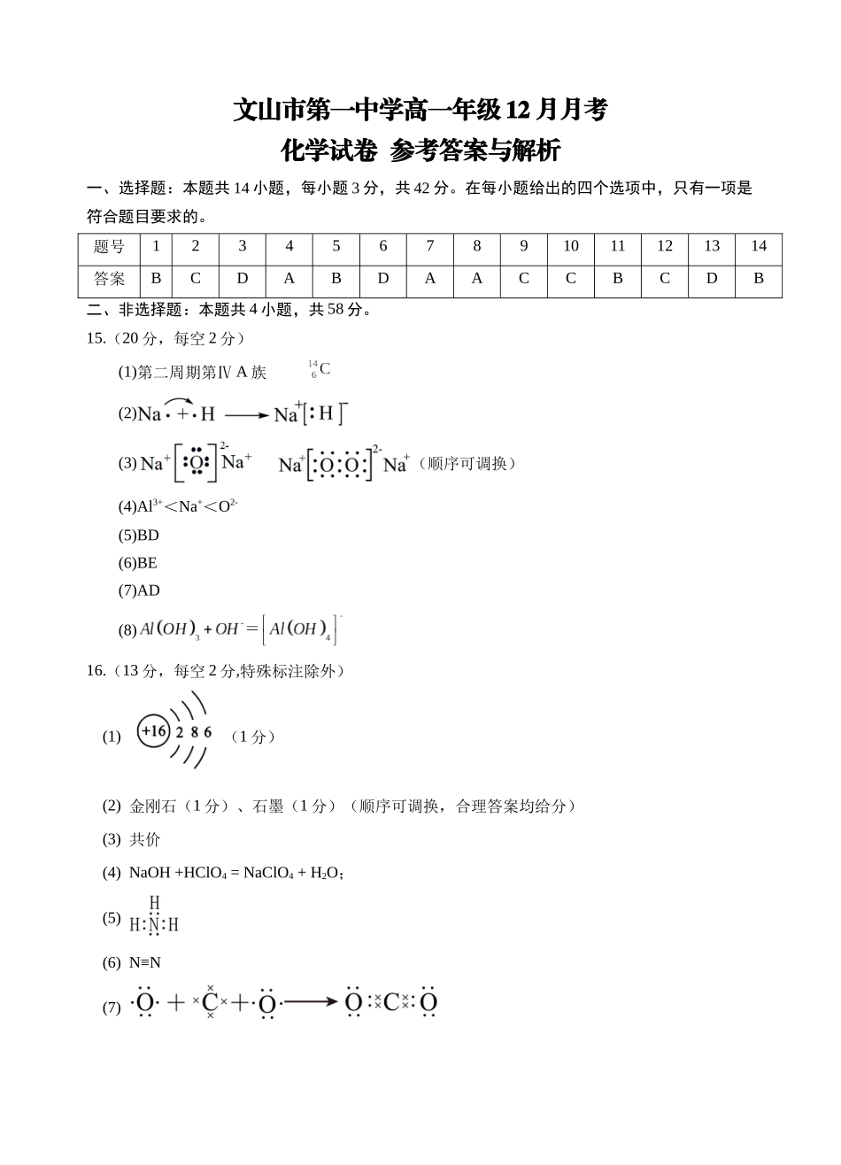 文山市第一中学高一年级12月月考高一化学12月月考（参考答案）定稿.docx_第1页