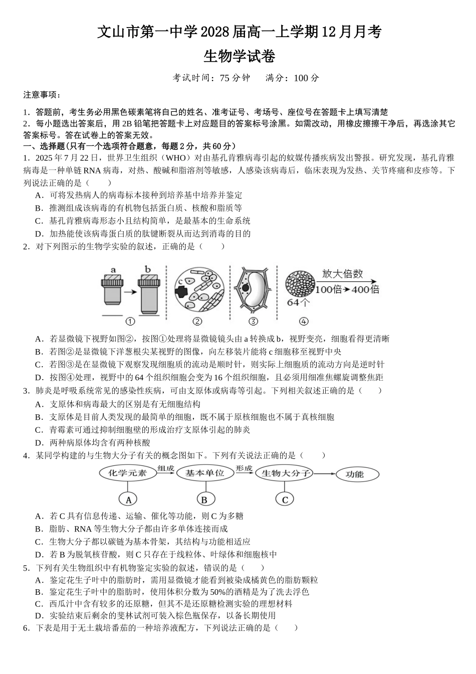 云南文山壮族苗族自治州文山市第一中学2025-2026学年高一上学期12月月考生物试题.docx_第1页