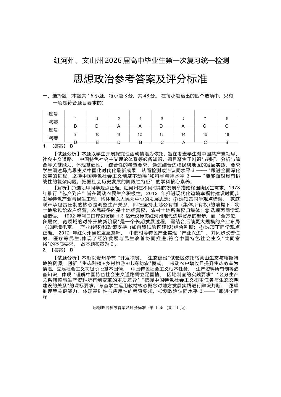 政治云南红河州、文山州2026届高中毕业生第一次复习统一检测(红河文山一统)(12.23-12.25).docx_第1页