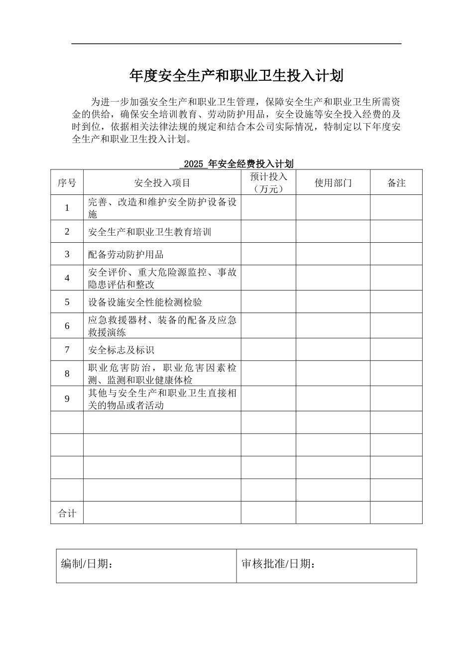 年度安全生产和职业卫生投入计划.docx_第1页