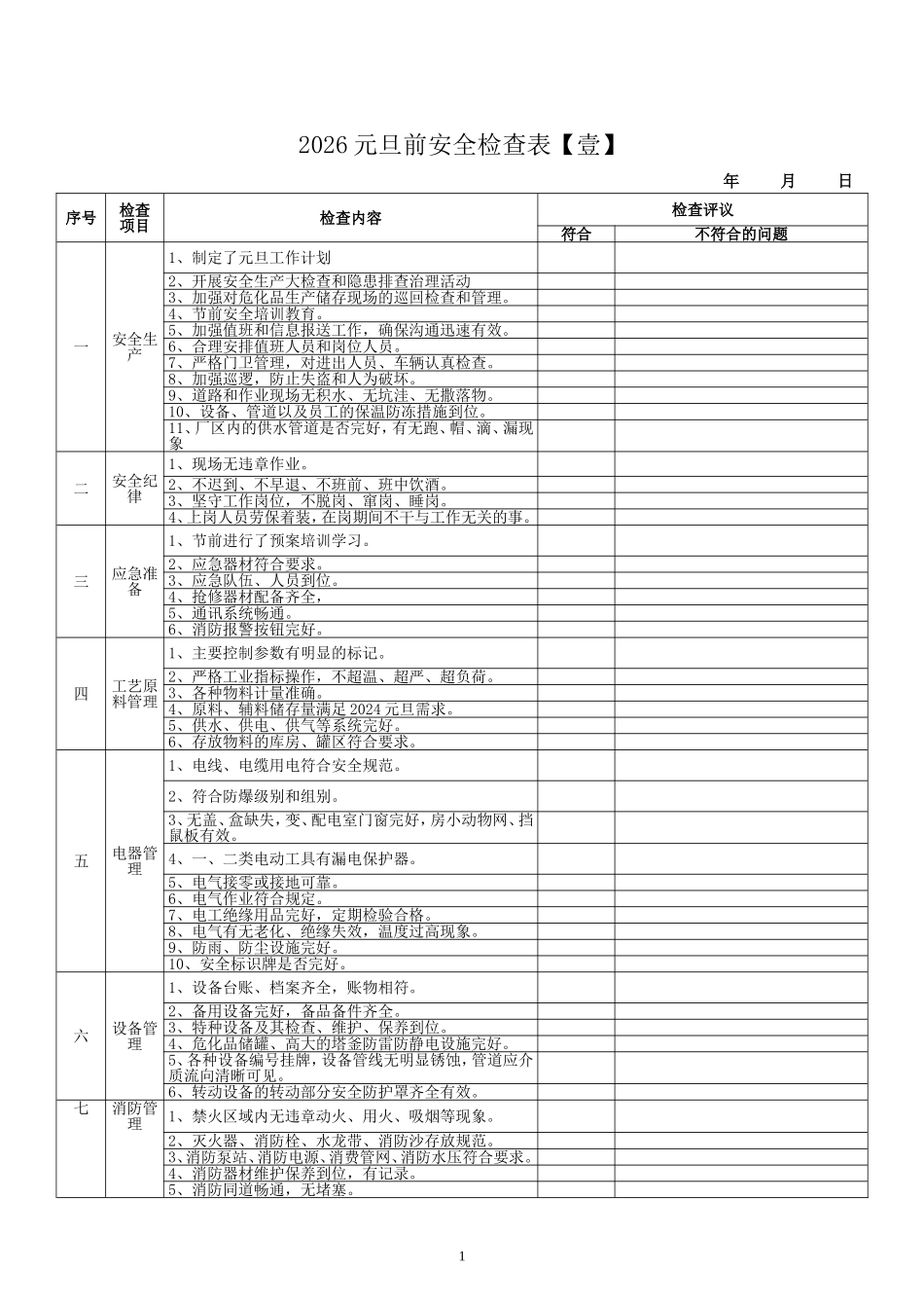 2026年元旦节前安全检查表汇编.doc_第1页
