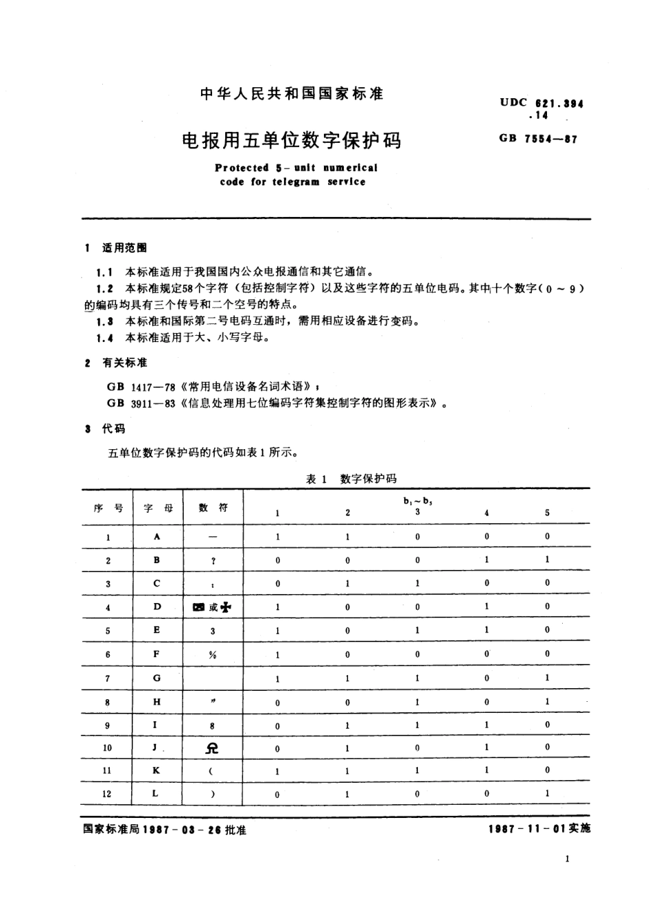 GB／T 7554-1987 电报用五单位数字保护码.pdf_第3页