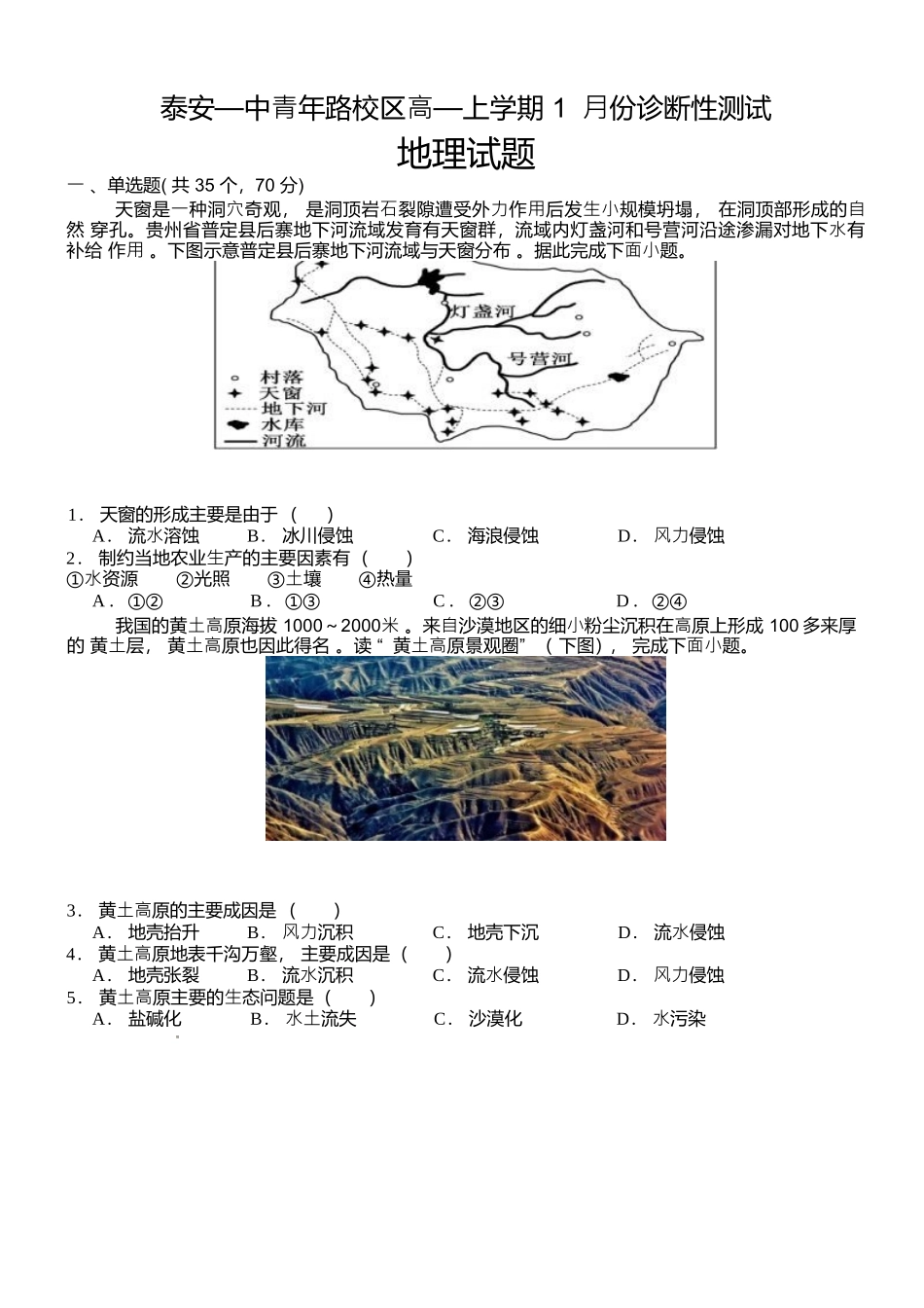 55841265-山东泰安第一中学青年路校区2025-2026学年高一上学期1月诊断性测试地理试题.docx_第1页