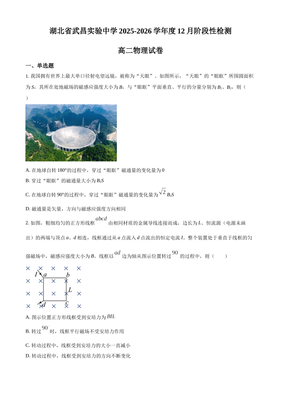 湖北武昌实验中学2025-2026学年高二上学期12月阶段性检测物理试题（原卷版）.docx_第1页