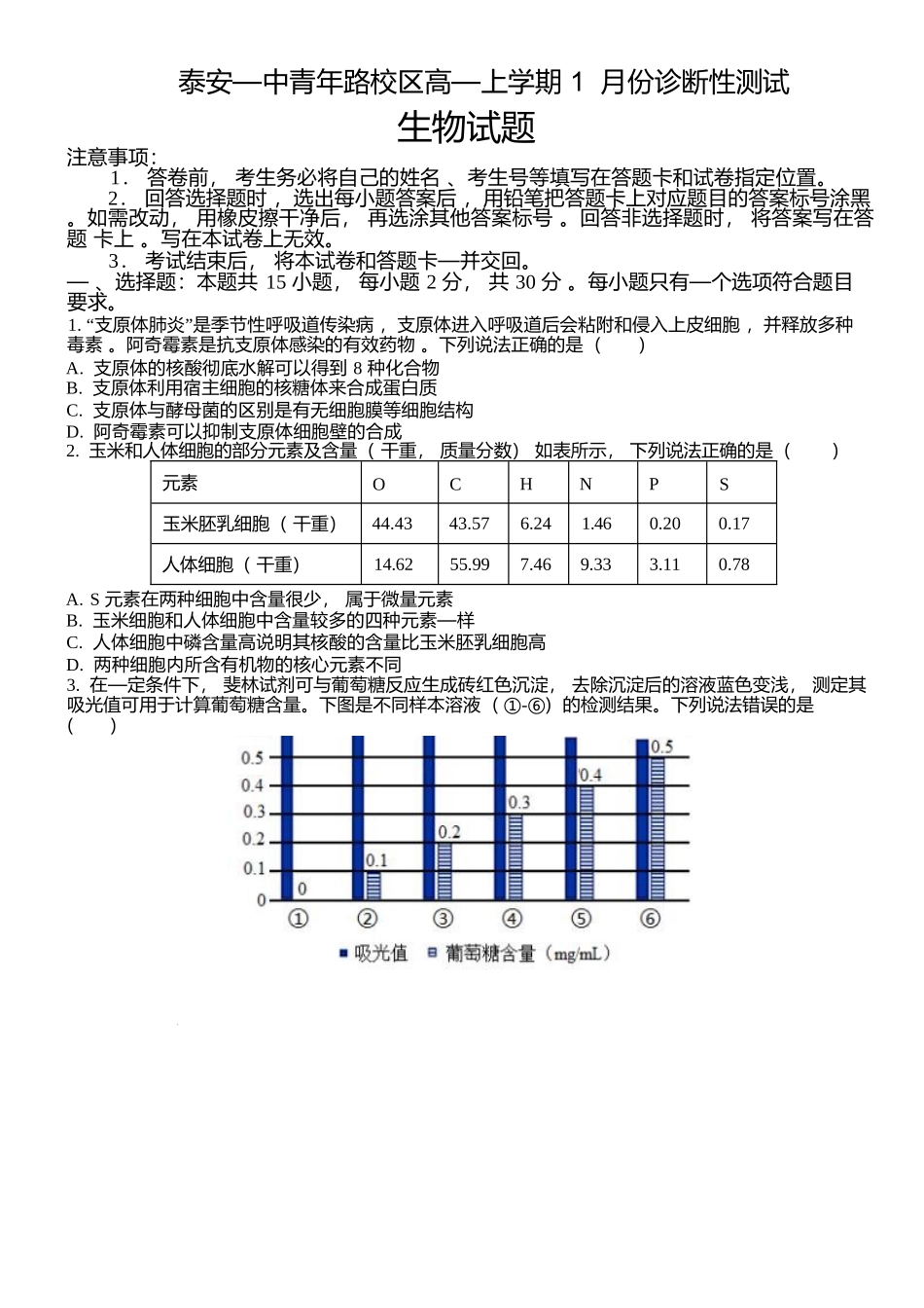 山东泰安一中青年路校区2025-2026学年高一1月诊断性测试生物试题.docx_第1页