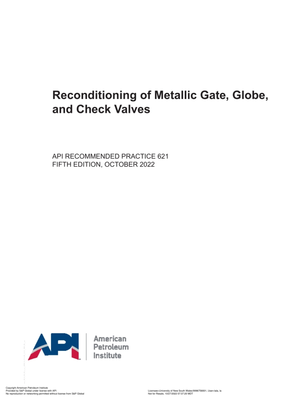 API RP 621-2022 Reconditioning of Metallic Gate, Globe, and Check Valves.pdf_第1页