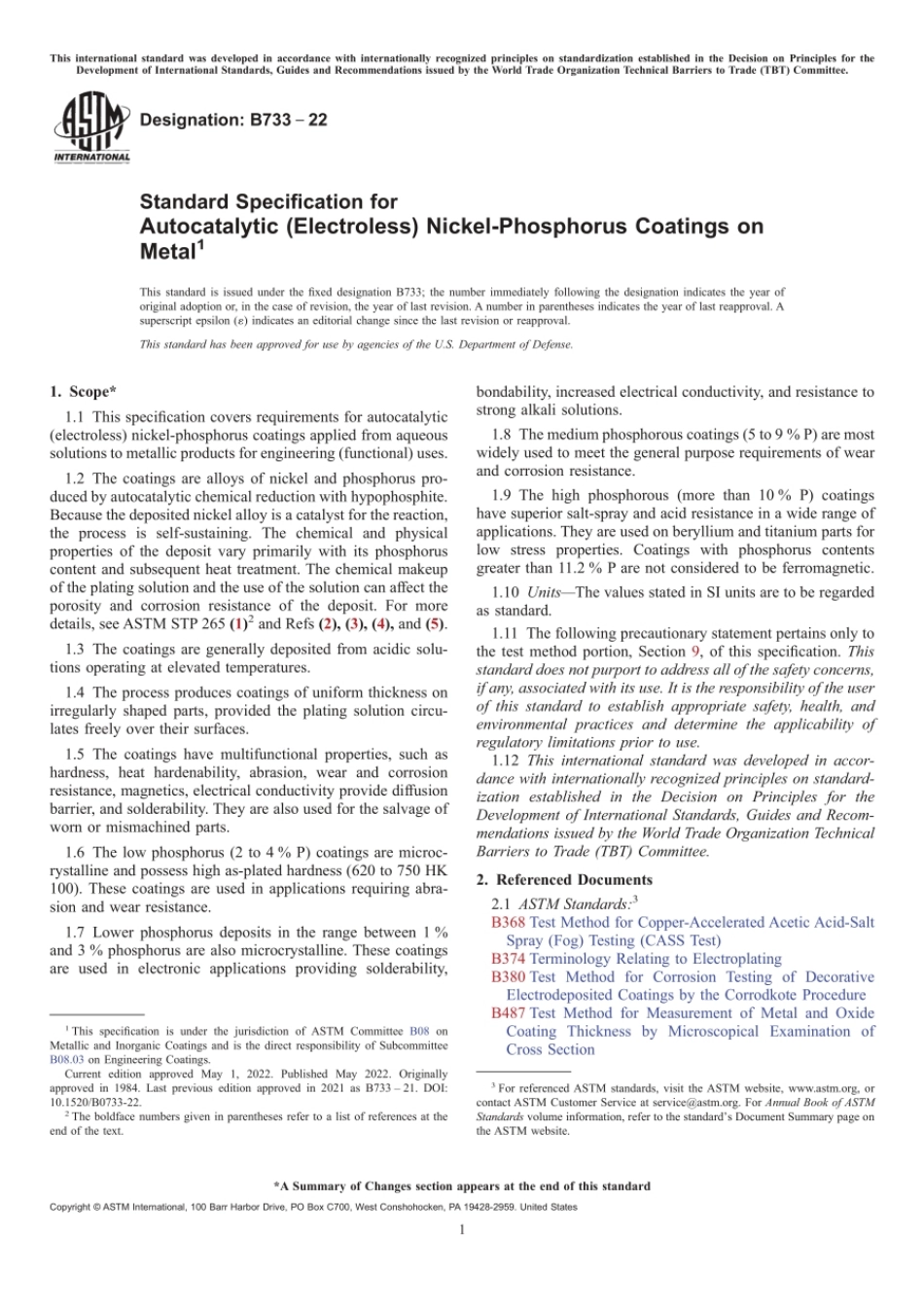 ASTM B733-22 Standard Specification for Autocatalytic (Electroless) Nickel.pdf_第1页