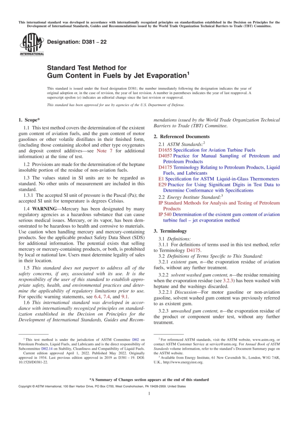 ASTM D381–22 Standard Test Method for Gum Content in Fuels by Jet Evaporation.pdf_第1页
