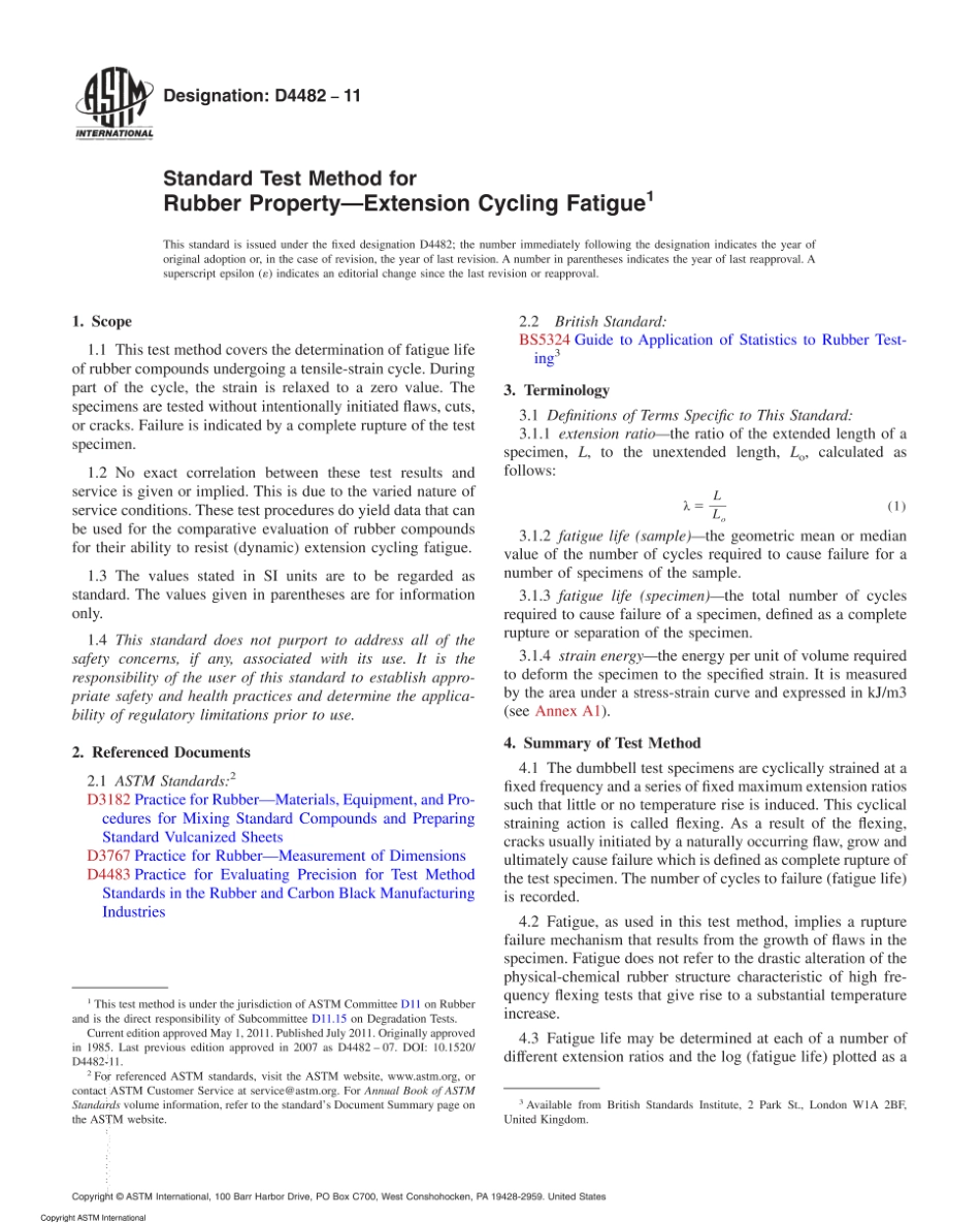 ASTM D4482-11 Standard Test Method for Rubber Property—Extension Cycling Fatigue.pdf_第1页