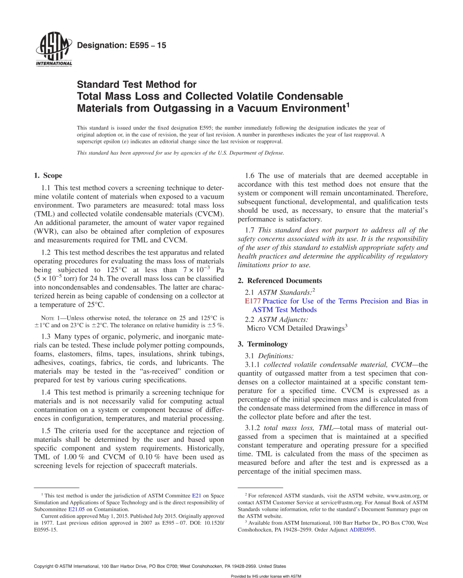 ASTM E595-2015 Standard Test Method for Total Mass Loss and Collected Volatile.pdf_第1页
