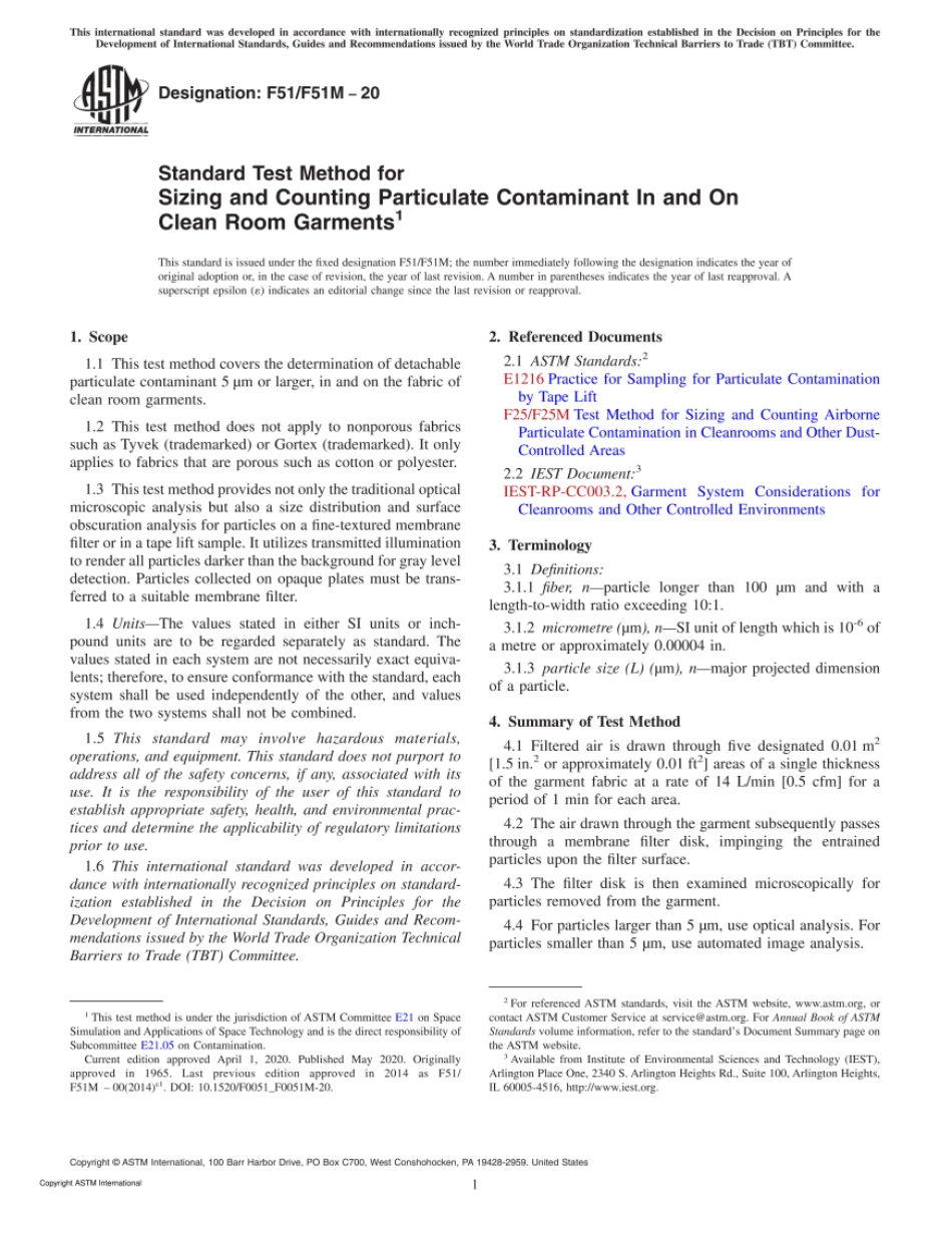 ASTM F51 F51M-20 Standard Test Method for Sizing and Counting Particulate Contaminant.pdf_第1页