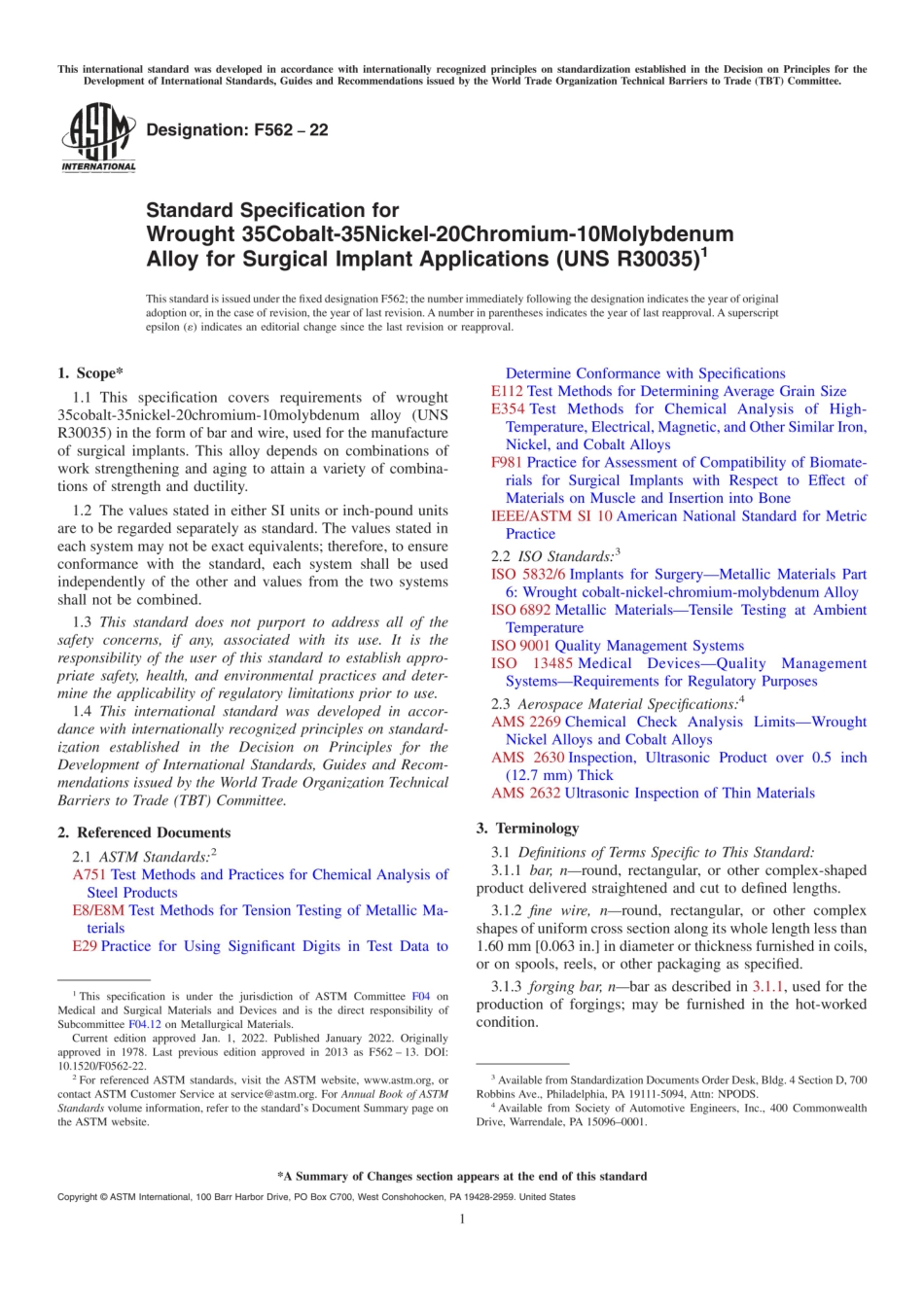 ASTM F562-22 Standard Specification for Wrought 35Cobalt-35Nickel-20Chromium-10Molybdenum.pdf_第1页