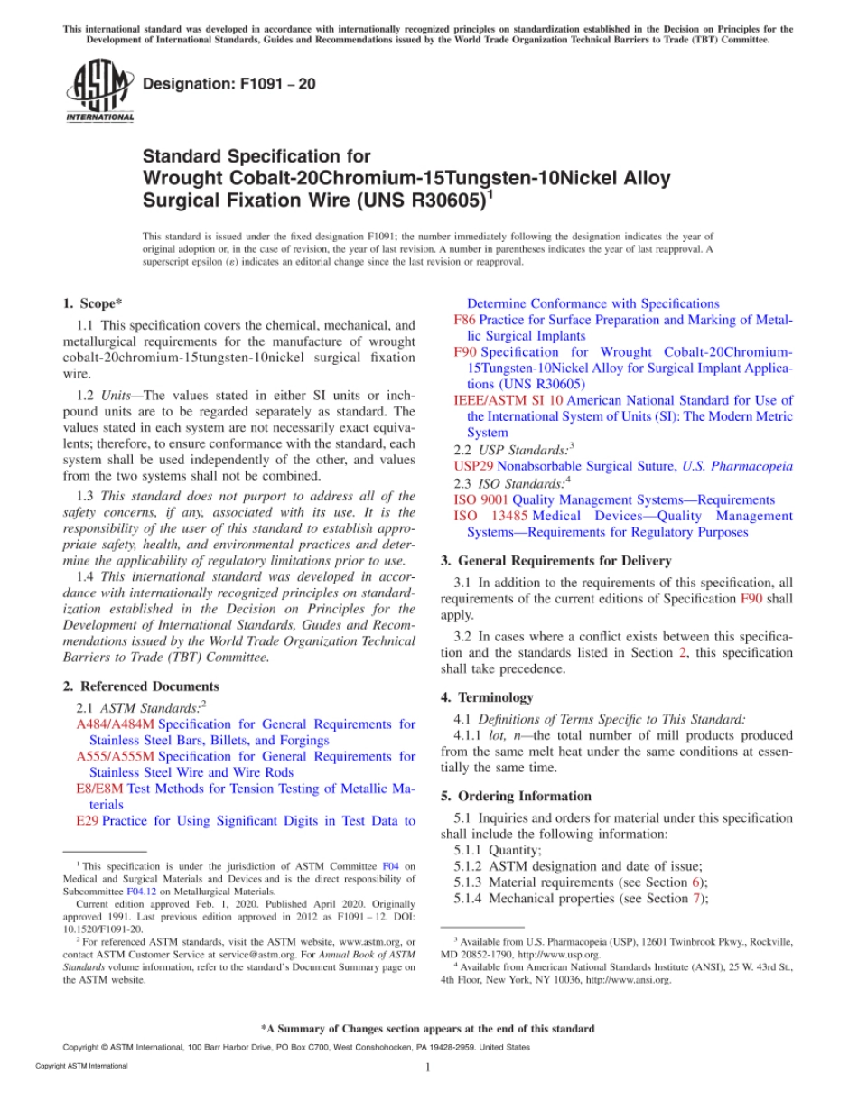 ASTM F1091-20 Standard Specification for Wrought Cobalt-20Chromium-15Tungsten-10Nickel.pdf_第1页