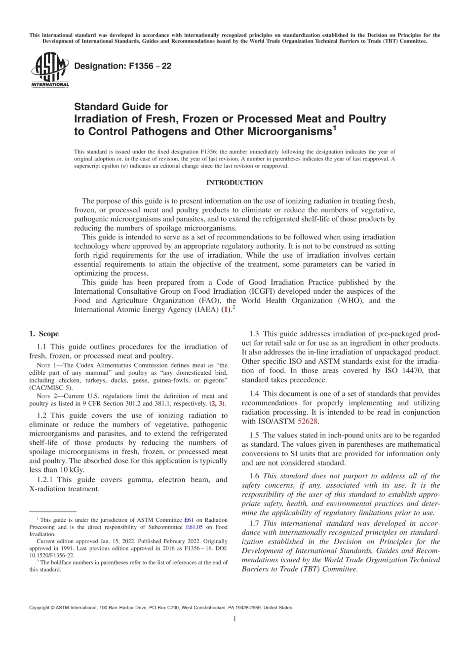 ASTM F1356-22 Standard Guide for Irradiation of Fresh, Frozen or Processed Meat and Poultry.pdf_第1页