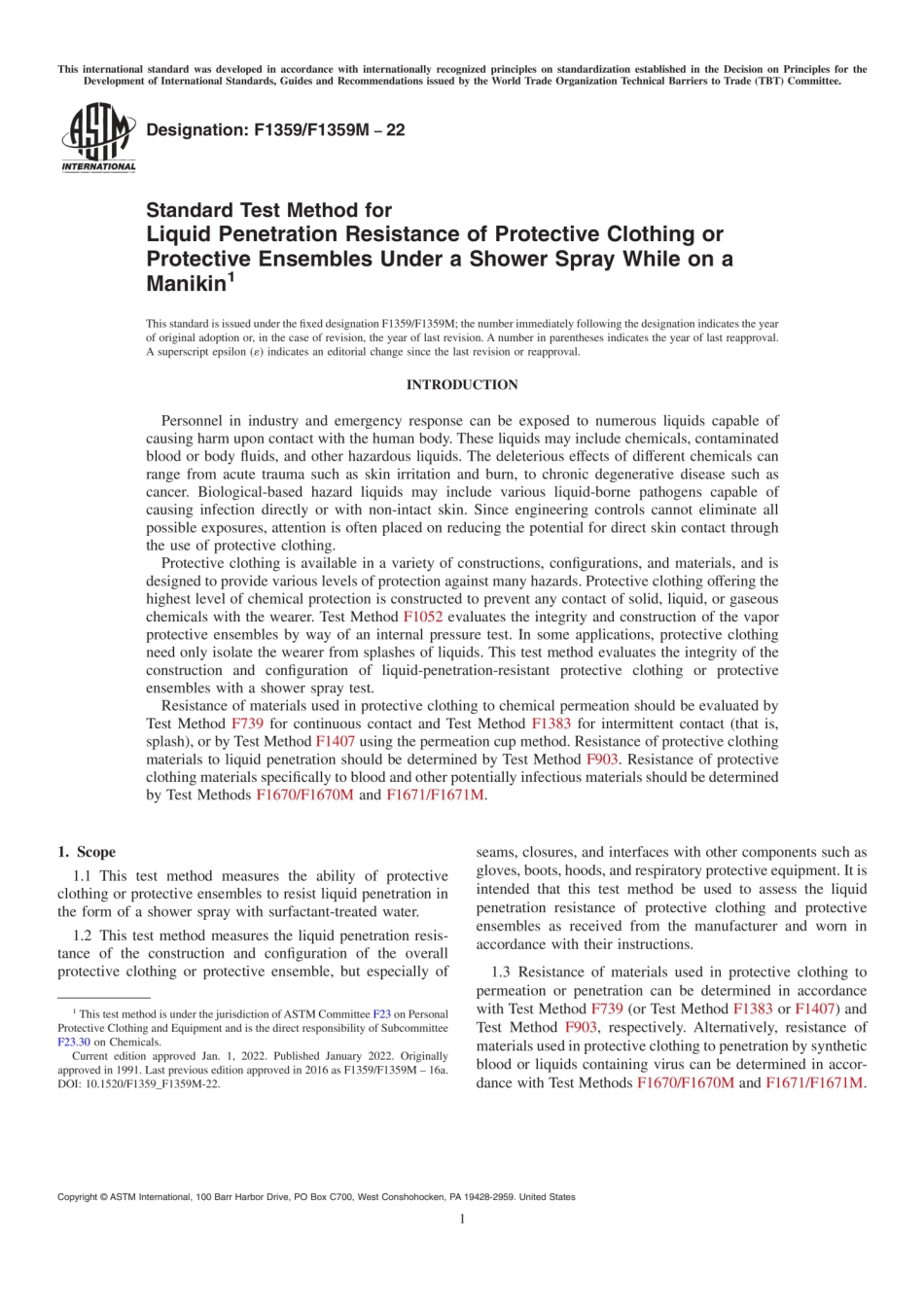 ASTM F1359／F1359M-22 Standard Test Method for Liquid Penetration Resistance of Protective.pdf_第1页