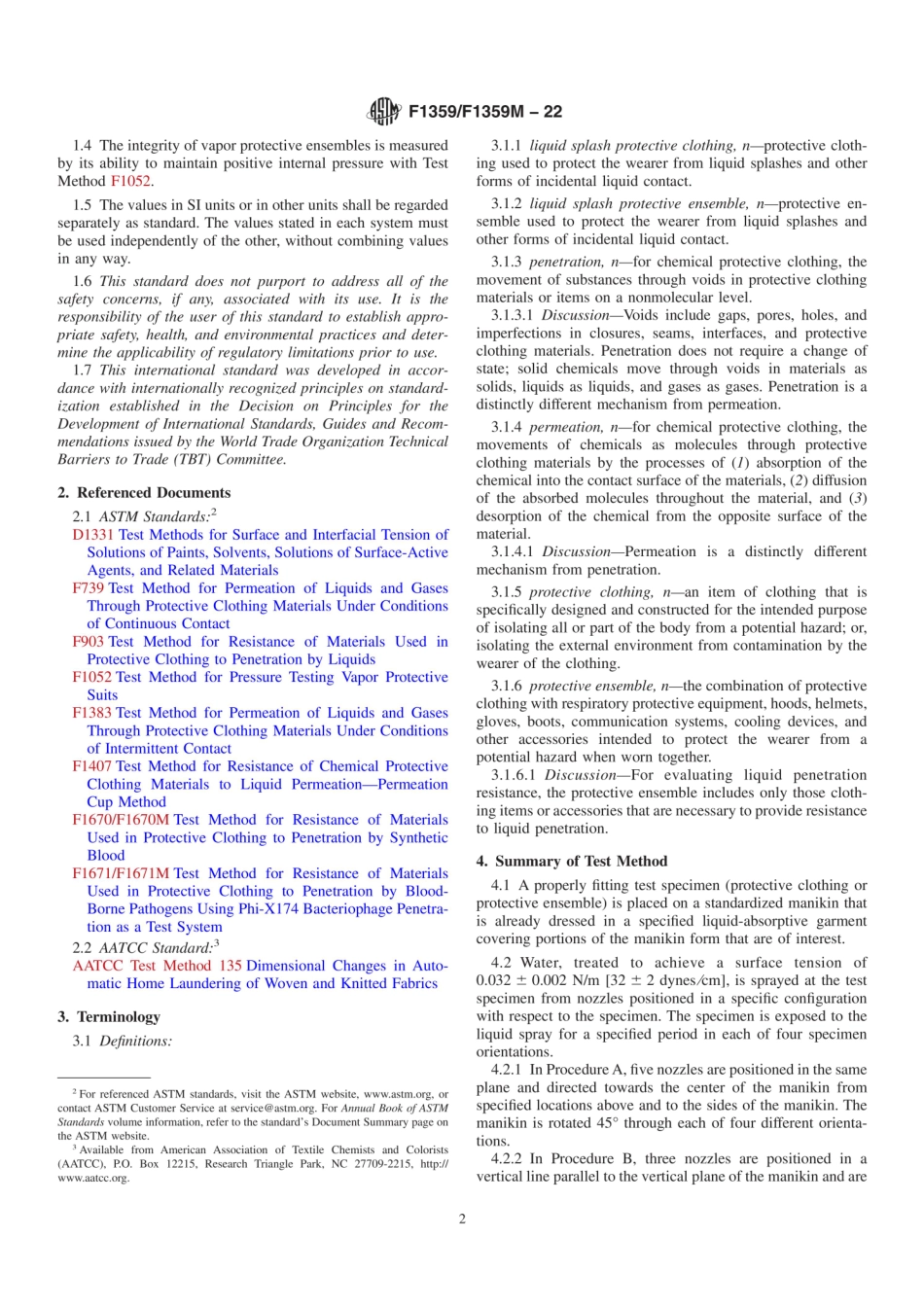 ASTM F1359／F1359M-22 Standard Test Method for Liquid Penetration Resistance of Protective.pdf_第2页