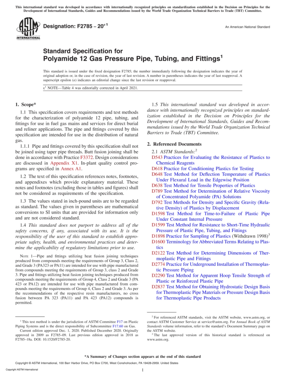 ASTM F2785-20e1 Standard Specification for Polyamide 12 Gas Pressure Pipe, Tubing, and Fittings.pdf_第1页