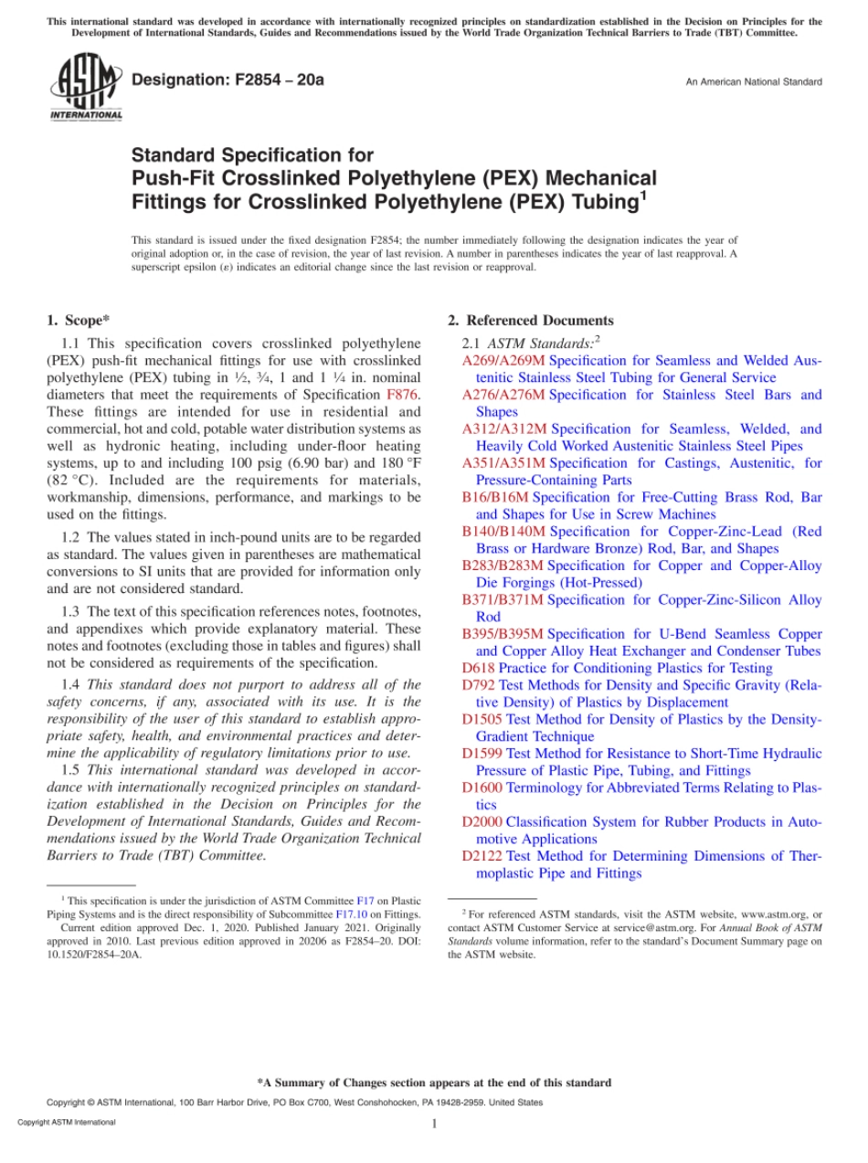ASTM F2854-20a Standard Specification for Push-Fit Crosslinked Polyethylene (PEX).pdf_第1页