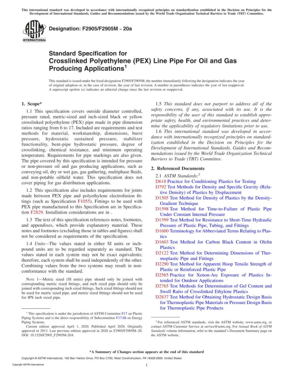 ASTM F2905／F2905M-20a Standard Specification for Crosslinked Polyethylene (PEX) Line.pdf_第1页