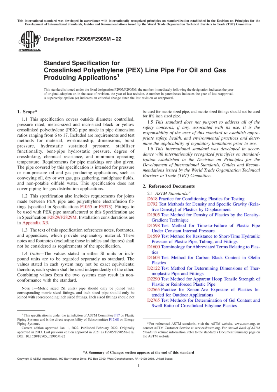 ASTM F2905／F2905M-22 Standard Specification for Crosslinked Polyethylene (PEX).pdf_第1页
