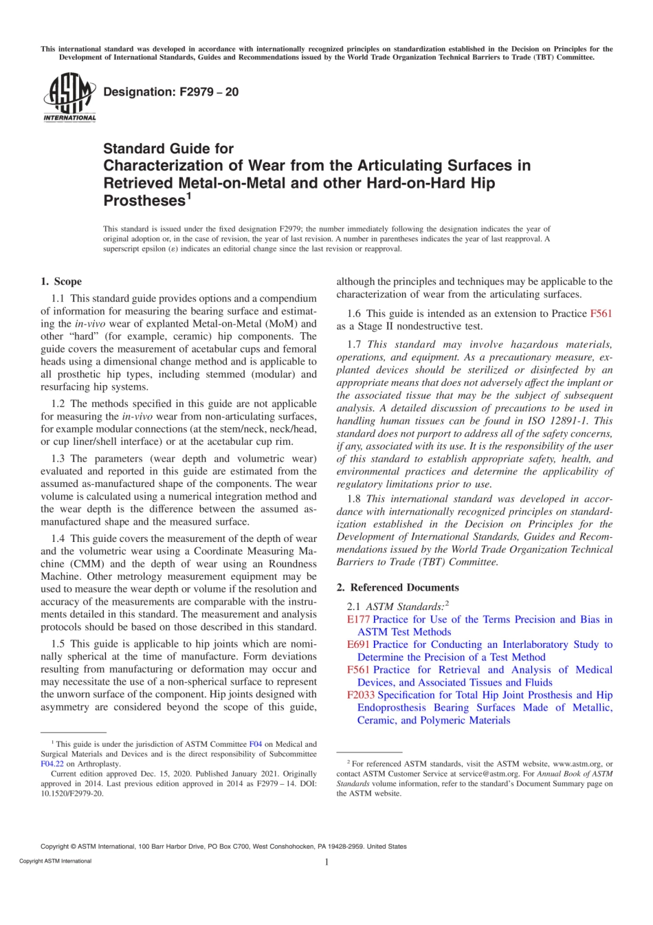 ASTM F2979-20 Standard Guide for Characterization of Wear from the Articulating.pdf_第1页