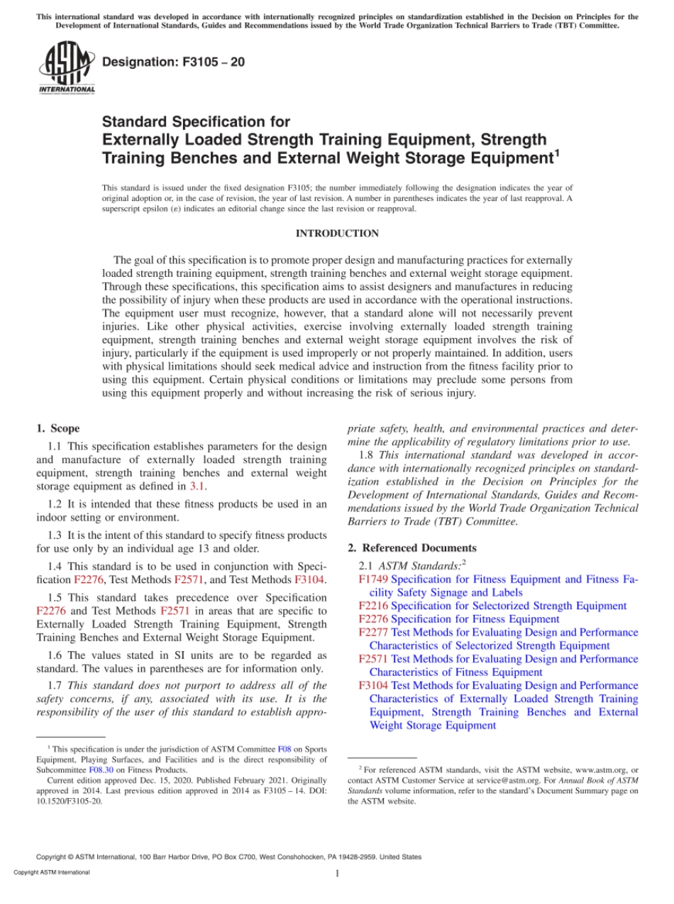 ASTM F3105-20 Standard Specification for Externally Loaded Strength Training Equipment.pdf_第1页