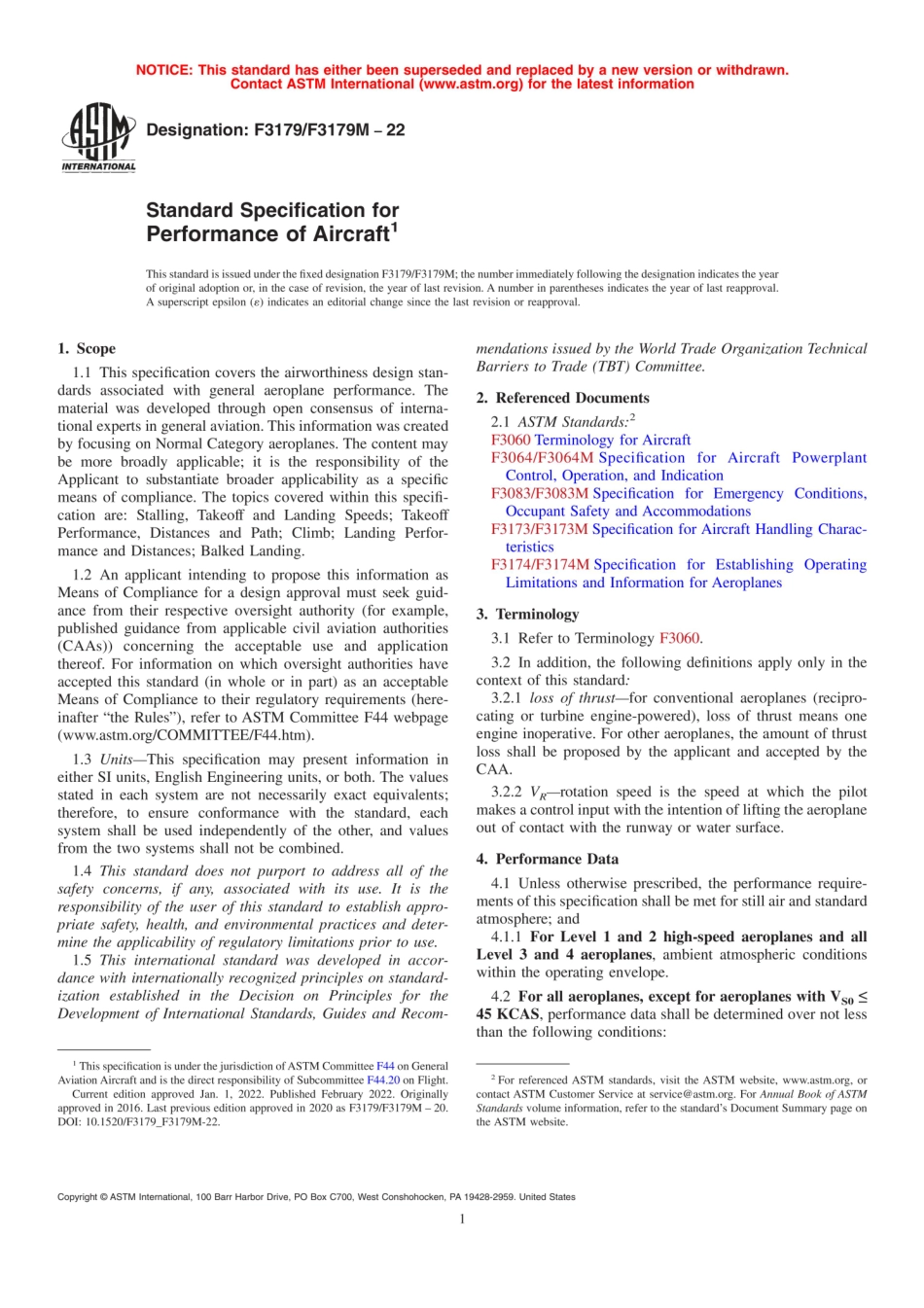ASTM F3179／F3179M-22 Standard Specification for Performance of Aircraft.pdf_第1页
