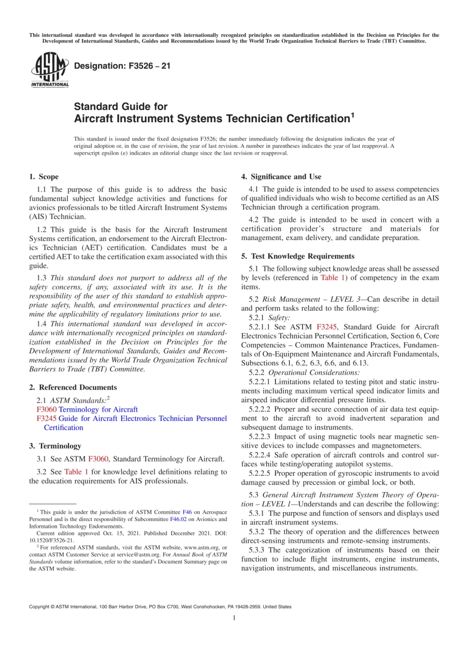 ASTM F3526-21 Standard Guide for Aircraft Instrument Systems Technician Certification.pdf_第1页