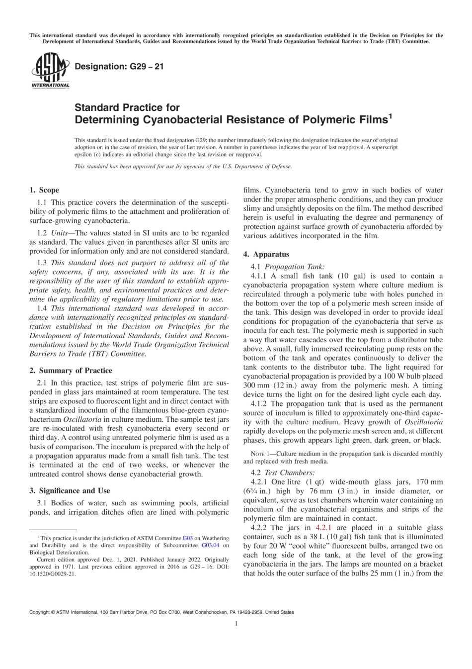 ASTM G29-21 Standard Practice for Determining Cyanobacterial Resistance of Polymeric Films.pdf_第1页