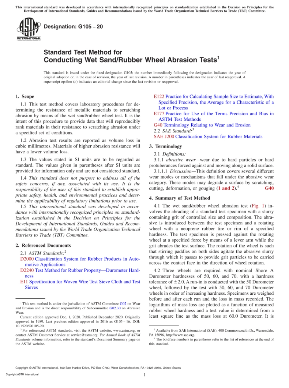 ASTM G105-20 Standard Test Method for Conducting Wet SandRubber Wheel Abrasion Tests.pdf_第1页