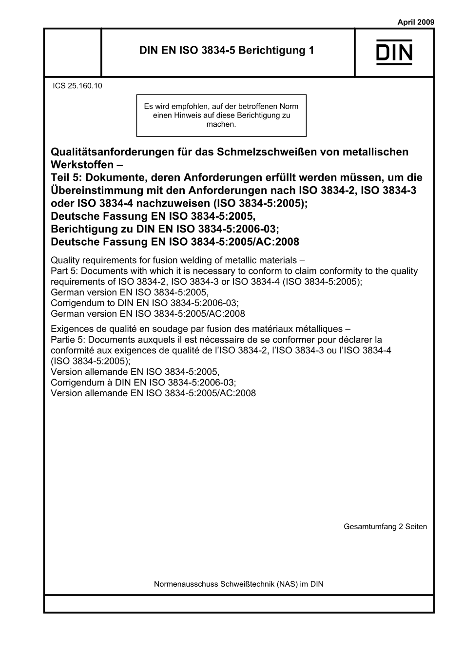 DIN EN ISO 3834-5 Ber-1：2009-04（EN）.pdf_第1页