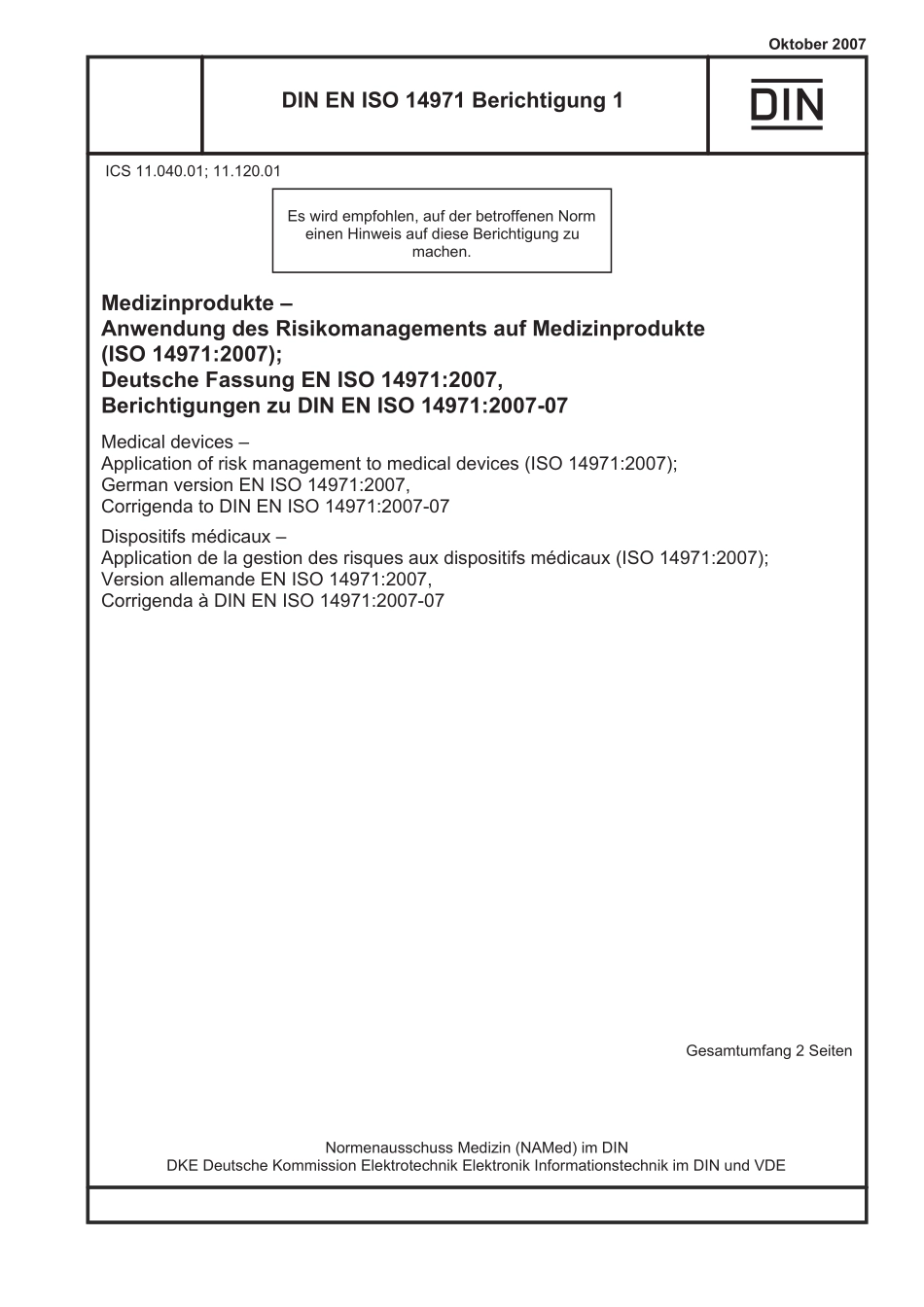 DIN EN ISO 14971 Ber-1：2007-10（EN）.pdf_第1页