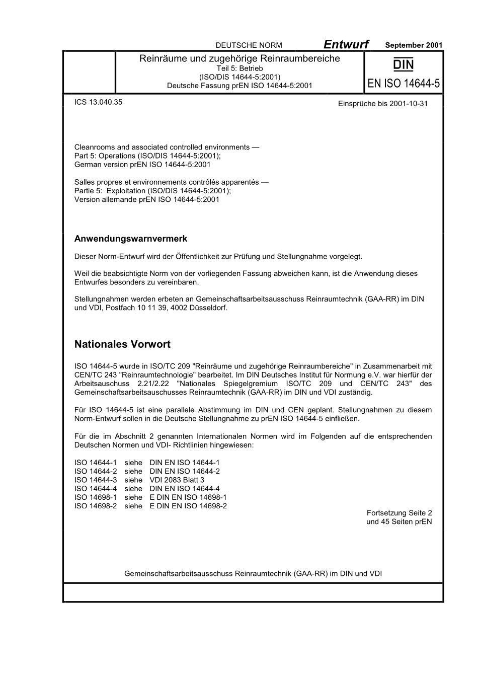 E DIN EN ISO 14644-5：2001-09（EN）.pdf_第1页