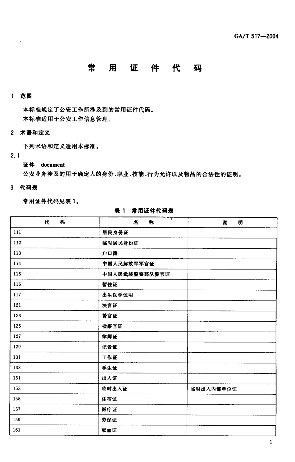 GA／T 517-2004 常用证件代码.pdf_第3页