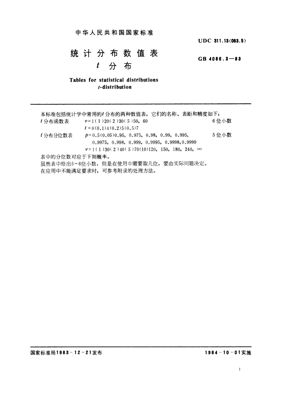 GB／T 4086.3-1983 统计分布数值表 t分布.pdf_第2页