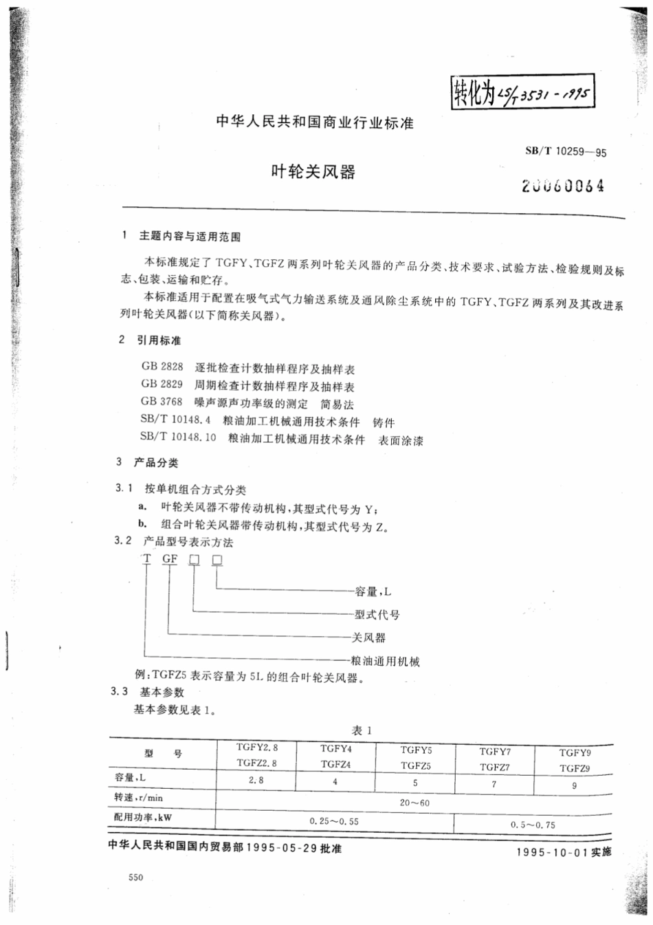 SB／T 10259-1995 叶轮关风器.pdf_第1页
