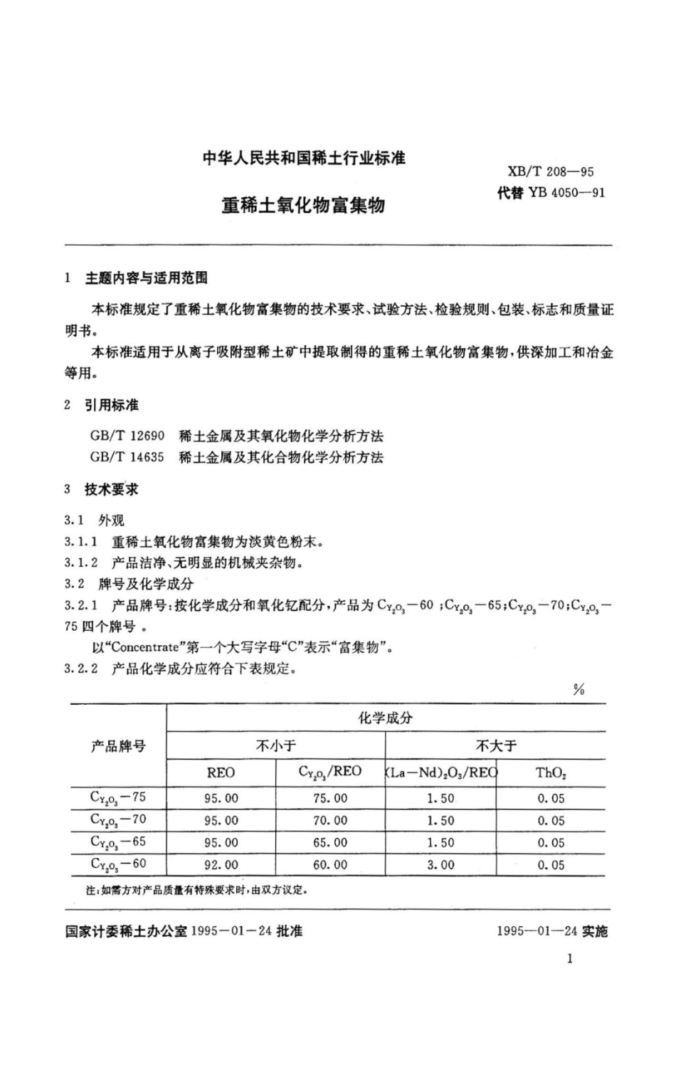 XB／T 208-1995 重稀土氧化物富集物.pdf_第1页