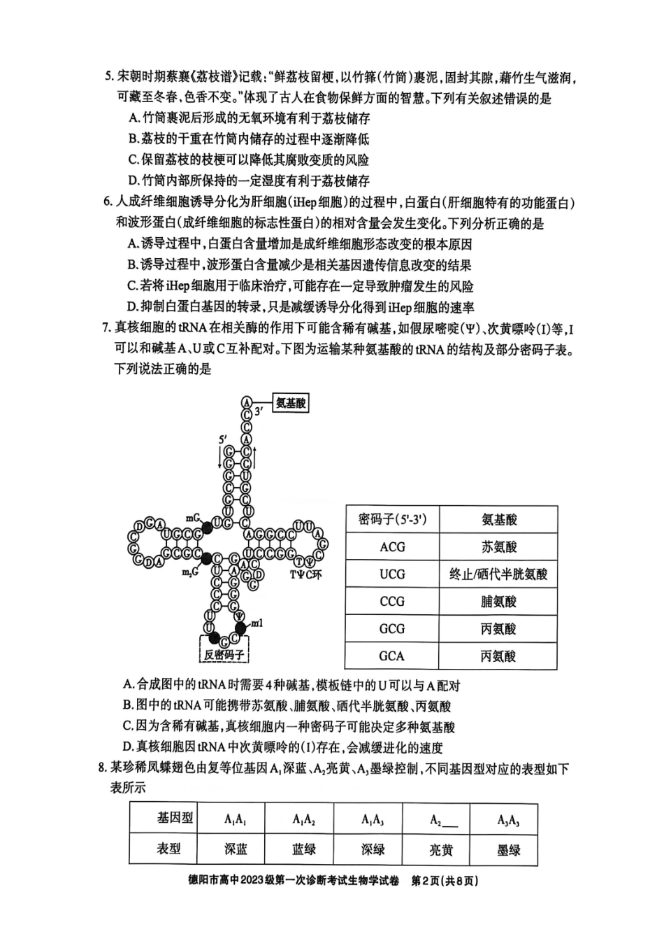德阳市高中2023级第一次诊断考试生物.pdf_第2页